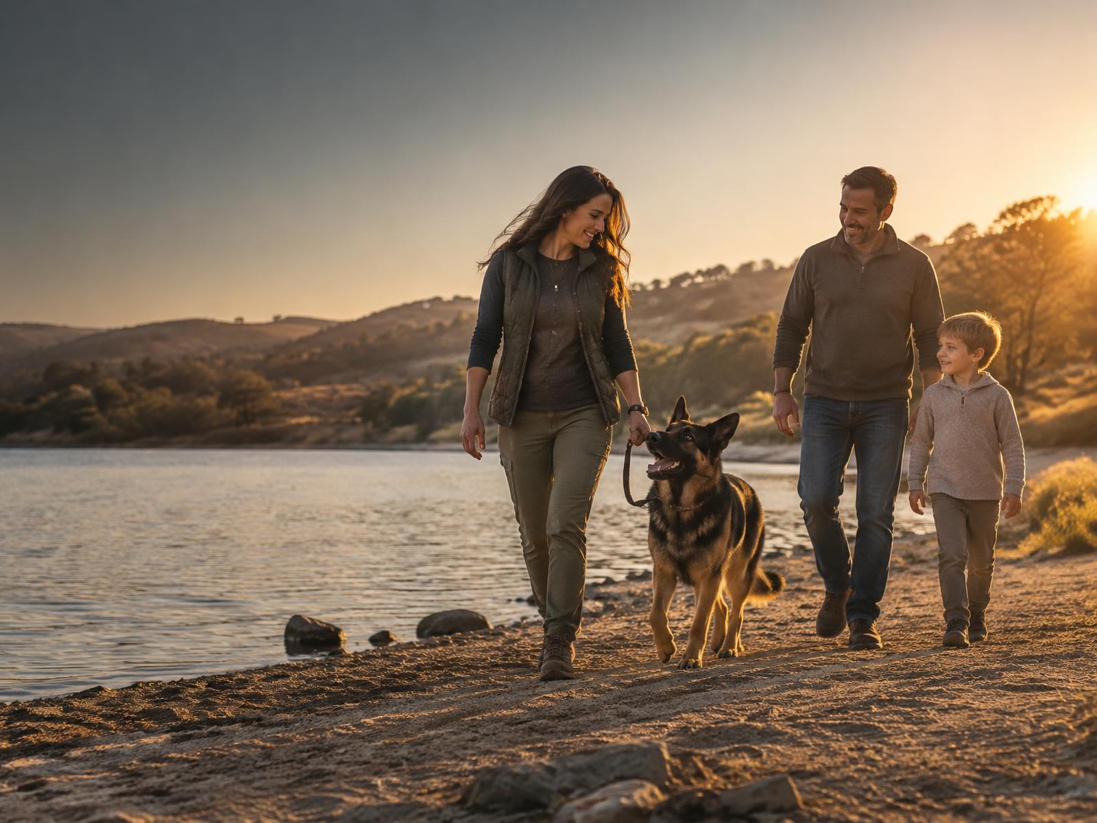 A couple walking with their child and dog beside the water at sunset